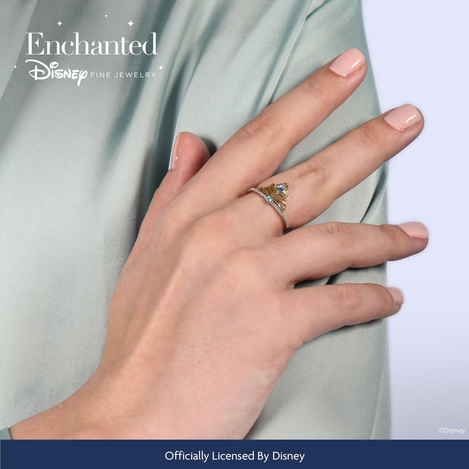 Jewelili Enchanted Disney Fine Jewelry 14K Yellow Gold Over Sterling Silver Round Swiss Blue Topaz and 1/10 Cttw Natural White Round Diamond Jasmine Ring