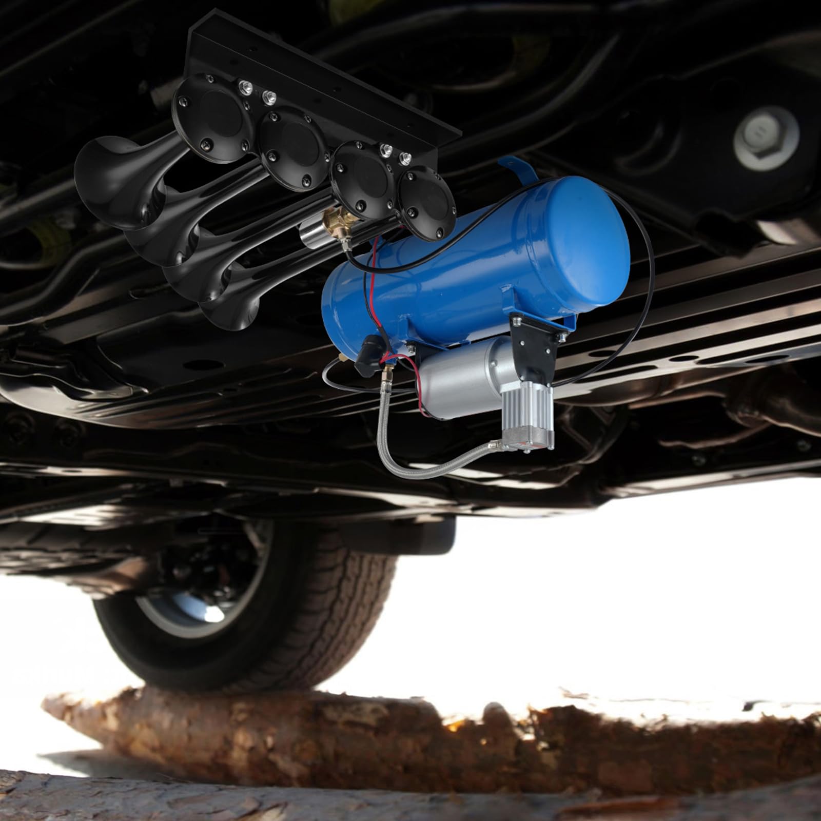 VEVOR Kit de Klaxon 4 Trompettes 150 dB Klaxon de Voiture avec Compresseur d'Air 90-120 psi Réservoir d'Air 6 L Avertisseur Sonore Pneumatique Universel pour Tout Véhicules 12 V Trains Bateaux Auto