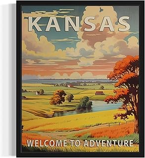 Kansas State Scenery Poster Art Print, Retro States Landscape Wall art Decor, Adventure Mountain and Scenery Painting for Bedroom, Living Room 42 (Kansas, 16 x 20 inches, Black Frame)