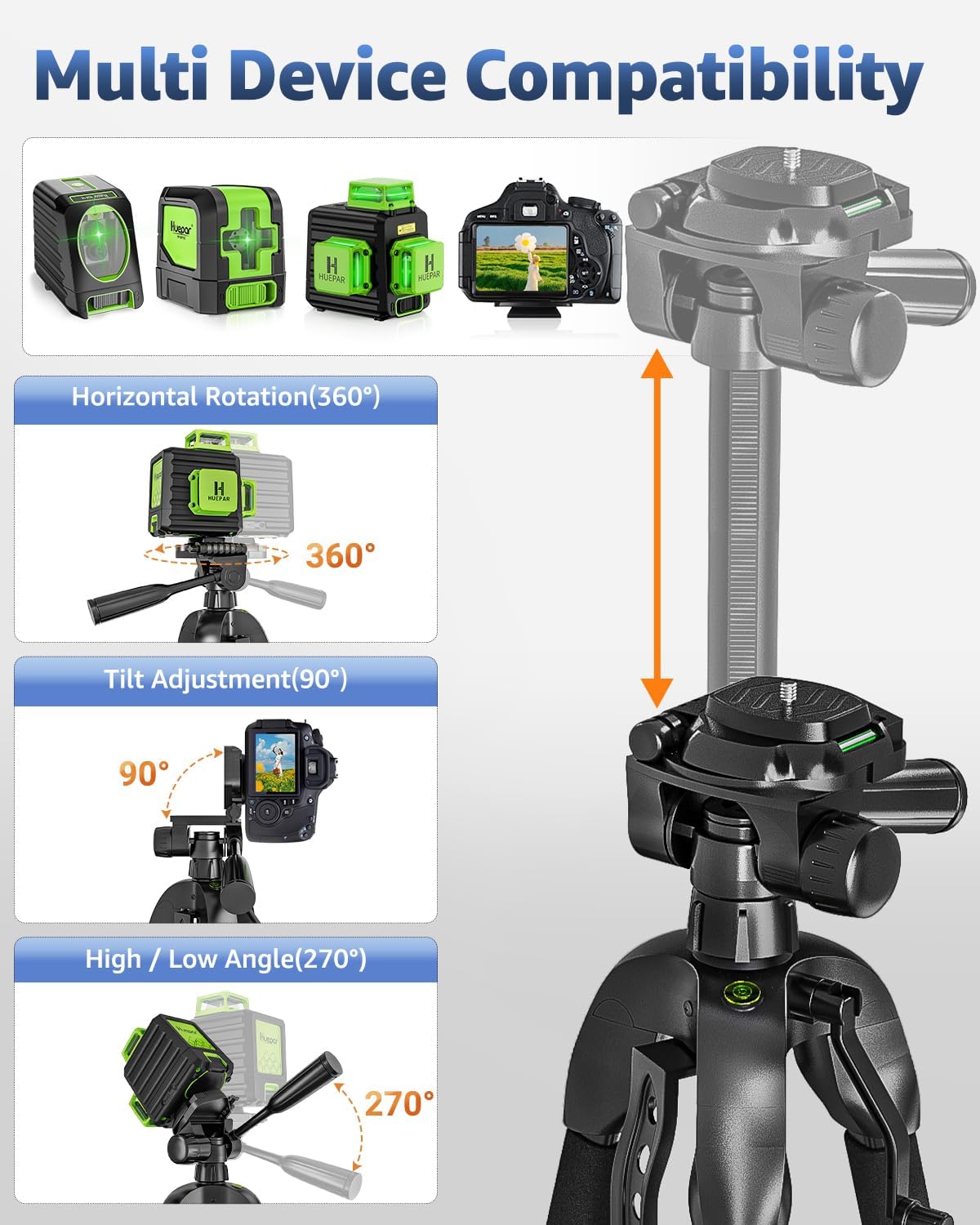 Huepar TPD14 Tripod demonstrating multi-device compatibility