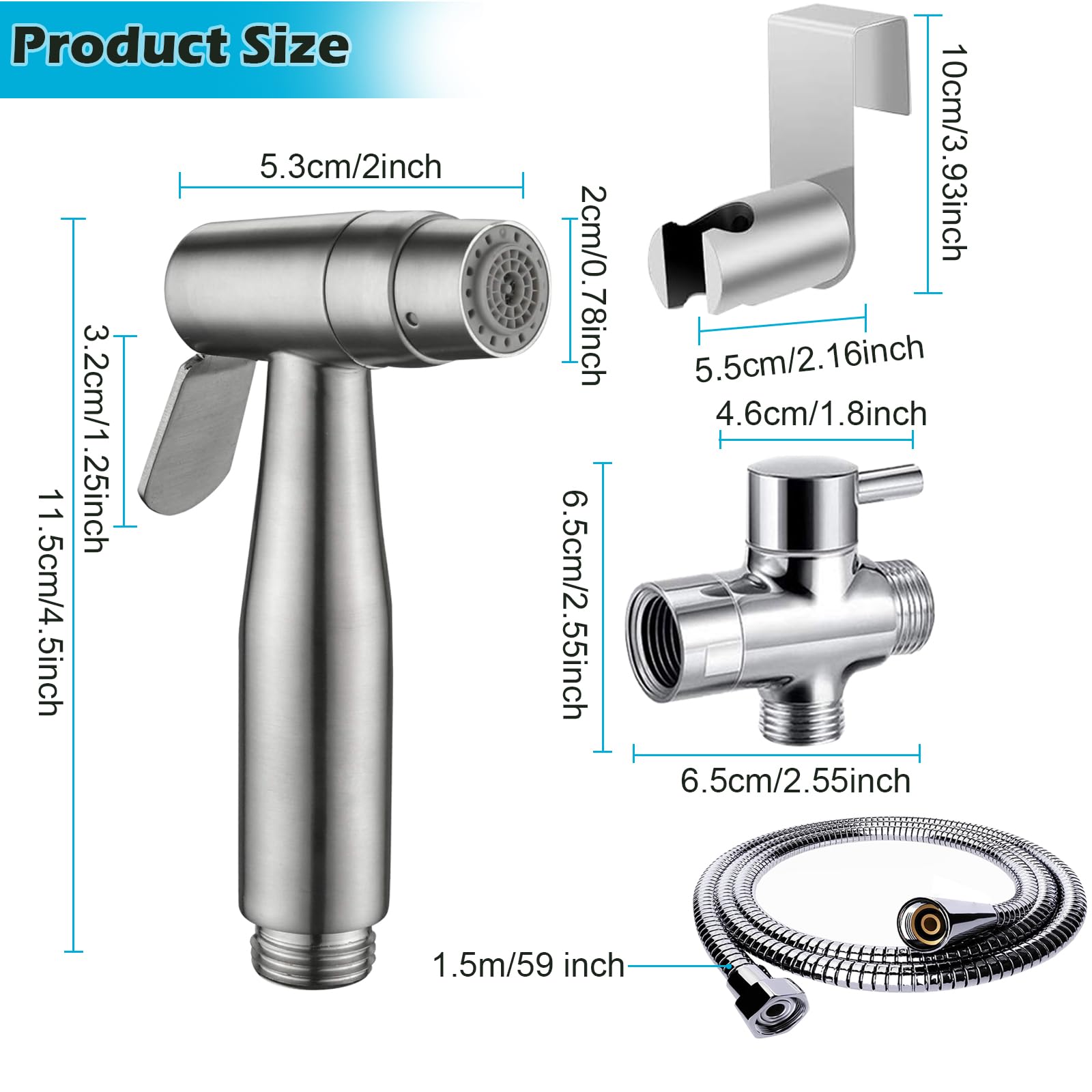 Bidetowa słuchawka prysznicowa ze stali nierdzewnej, bidet do bidetu, armatury toaletowej, WC z zaworem T G1/2" i adapterem G3/8", toaleta z wężem i hakiem 140 cm lub uchwytem ściennym