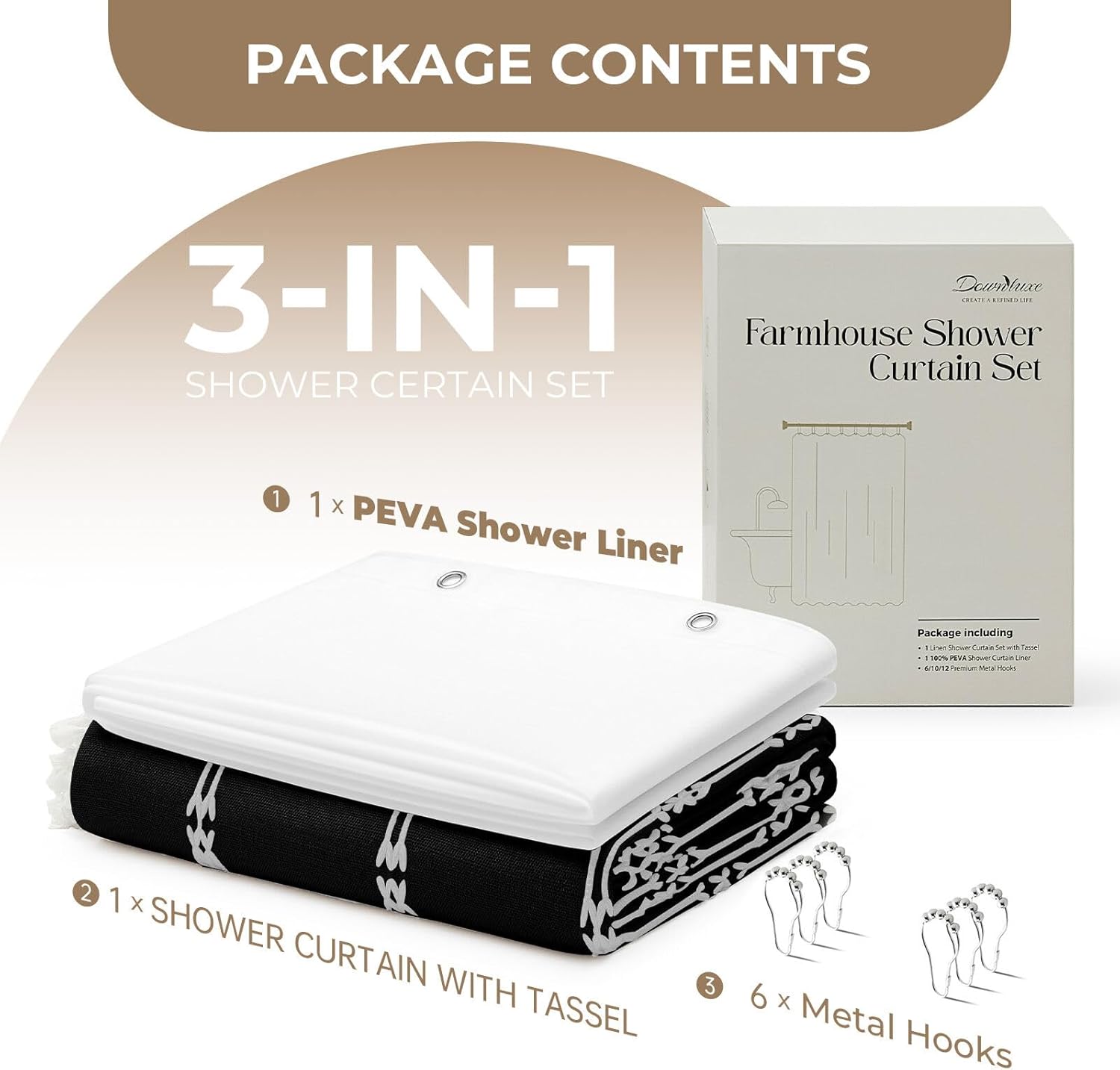 downluxe Linen Texture 3 in 1 Farmhouse Shower Curtain Set with Tassel, Boho Fabric Shower Curtains for Bathroom, Black, 36W x 72L