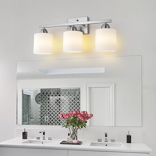 Miniatura 2 de Lámpara de tocador de baño de acero inoxidable con cristal de leche sobre el espejo, 3 lámparas de baño de níquel cepillado con vidrio esmerilado,