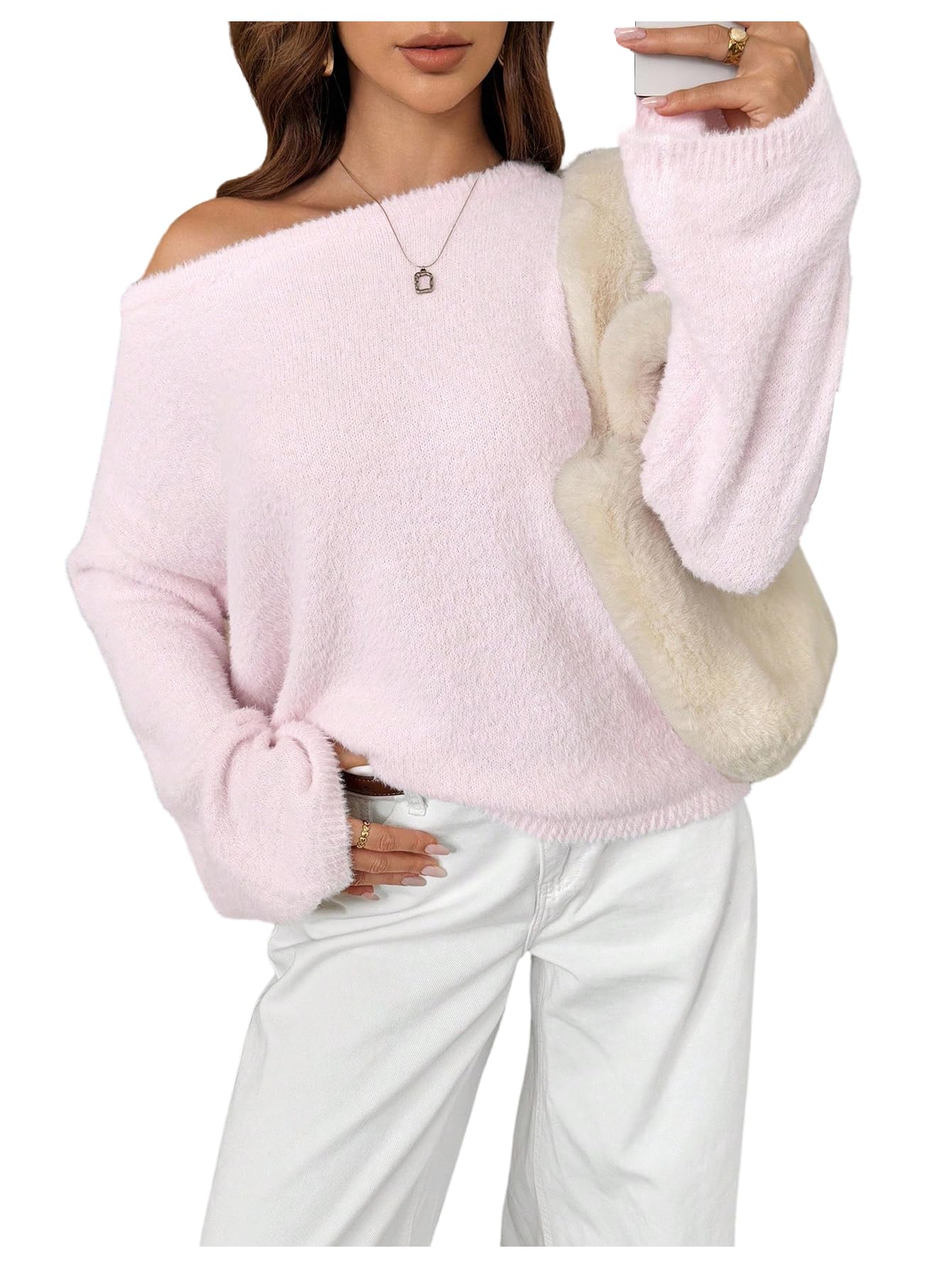 Verdusa Womens Cozy Off The Shoulder Sweater Fuzzy Knit Pullover Tops Fall Outfits