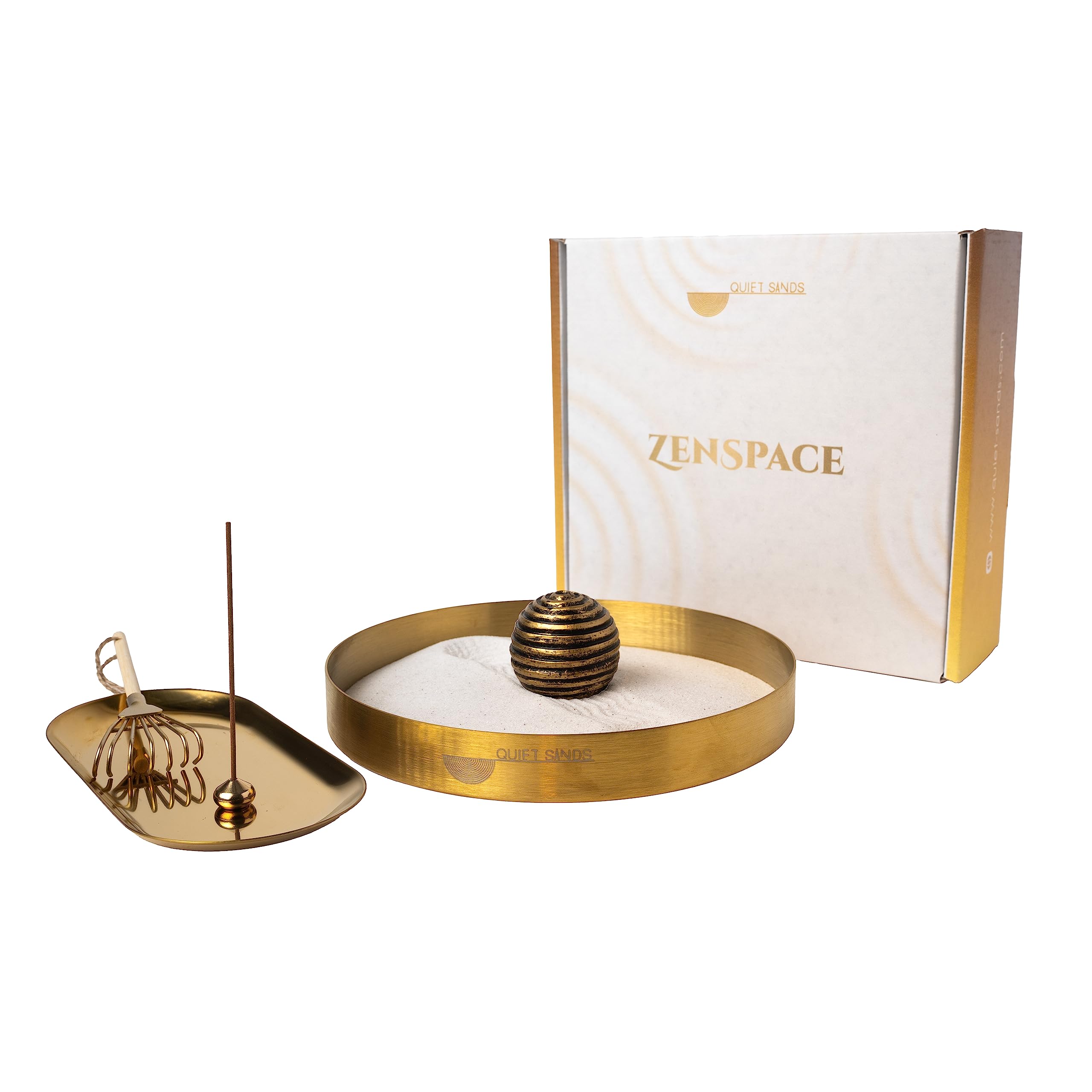 ZenSpace Brass Desk Zen Garden Kit - Safe Sand™, Meditation Set With Sphere, Rake & Incense Holder