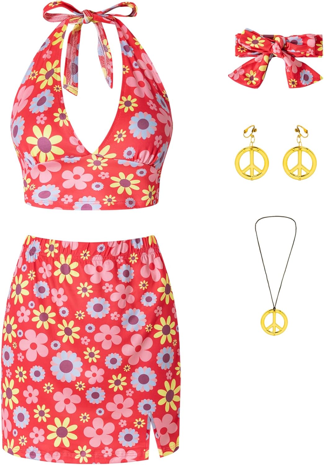 Halloween Women Floral Crop Halter Top Split Bodycon Outfit 60s 70s Disco Outfits Sets Red Small