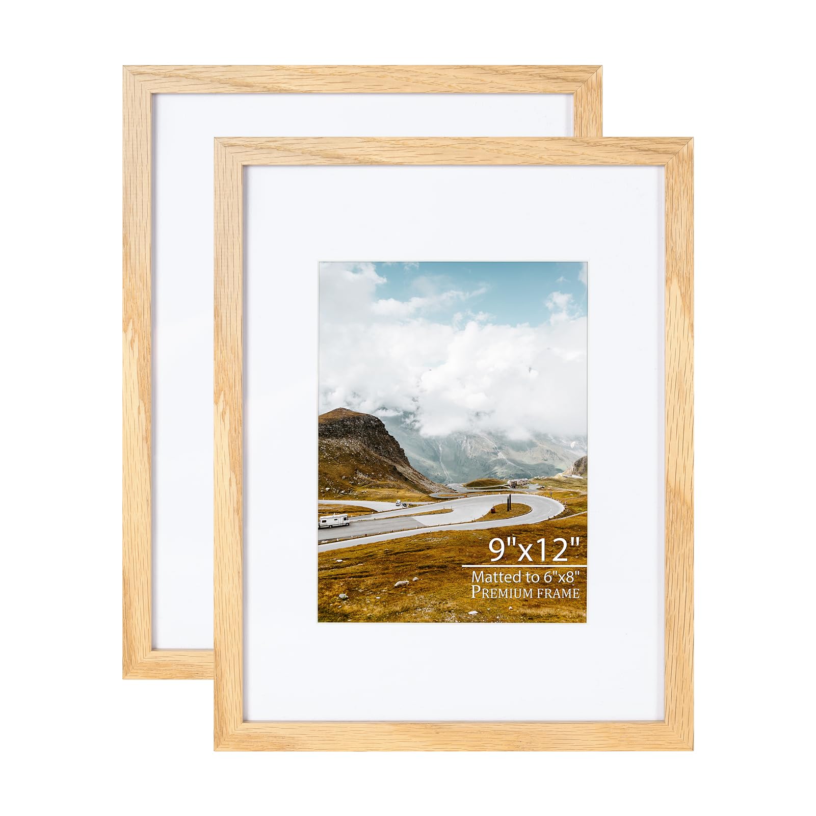 9x12 Picture Frame Oak Set of 2, Made of Tempered Glass 9 x 12 Wooden Photo Frame, Display Picture 6x8 with Mat or 9x12 Without Mat, For Tabletop or Wall Mounting.