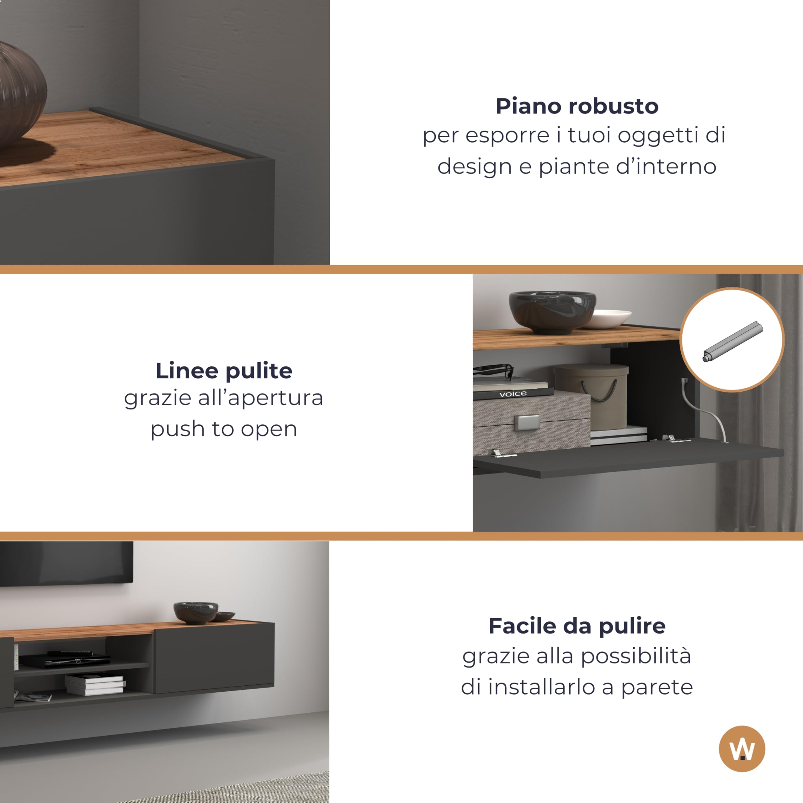 WHOUS Mobile Porta TV Sospeso GARDA per Soggiorno con 2 Ante a Ribalta e 1 Ripiano Centrale, Mobile Tv a Parete per Salotto, 210x35x30 cm, Antracite Opaco e Rovere