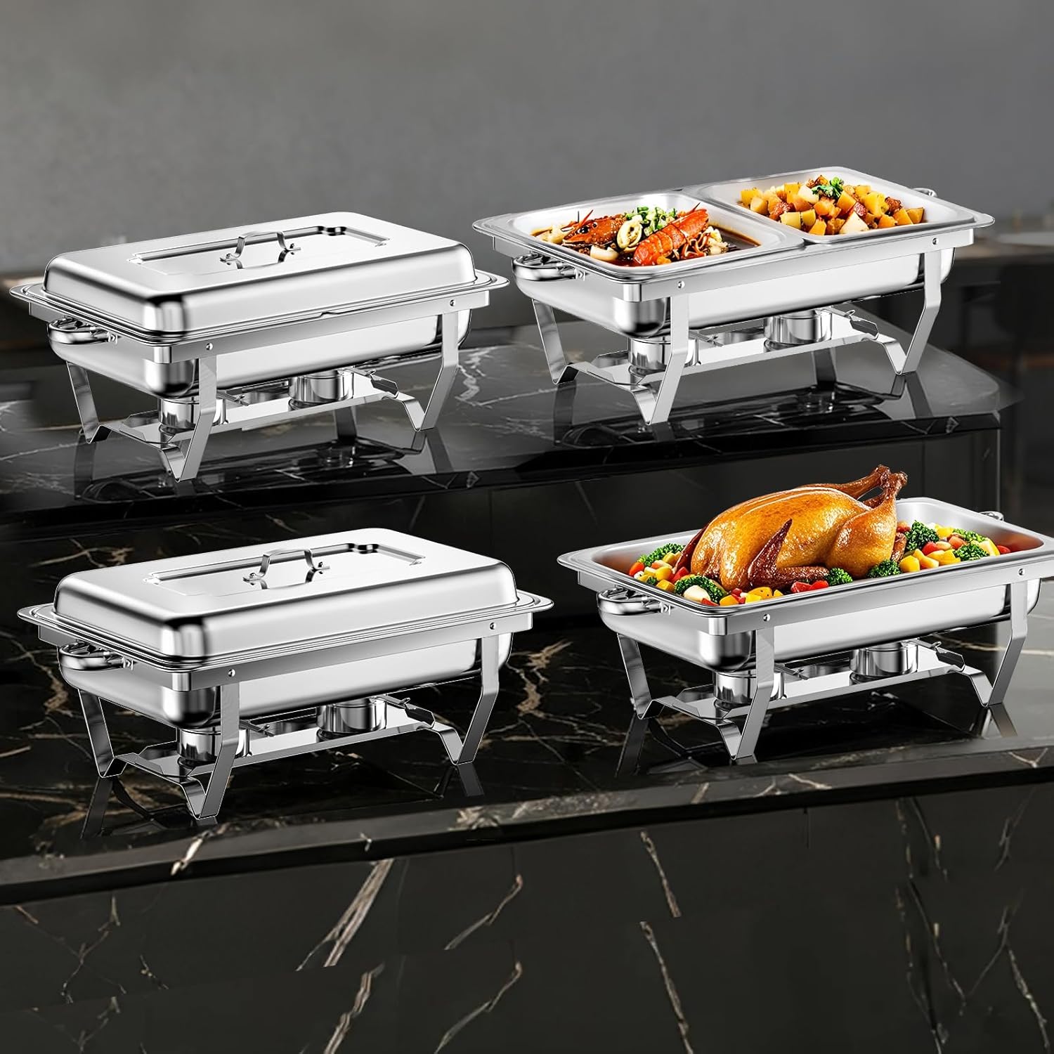 Chafing Dishes for Buffet, 9QT High Grade Chafing Dish Buffet Set, Chafers and Buffet Warmers Sets, Rolled-Edge Design with Silver, 4 Pack, 6 Pans