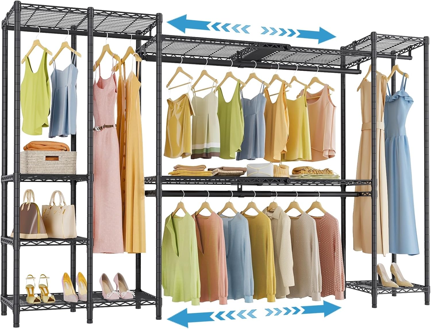VIPEK X40 Expandable Large Reachin Closet Rack Adjustable 64 to 82 Extendable Shelves Hanger Rods Walkin Clothes Racks Mental Freestanding Clothing Max Load 1240LBS Black