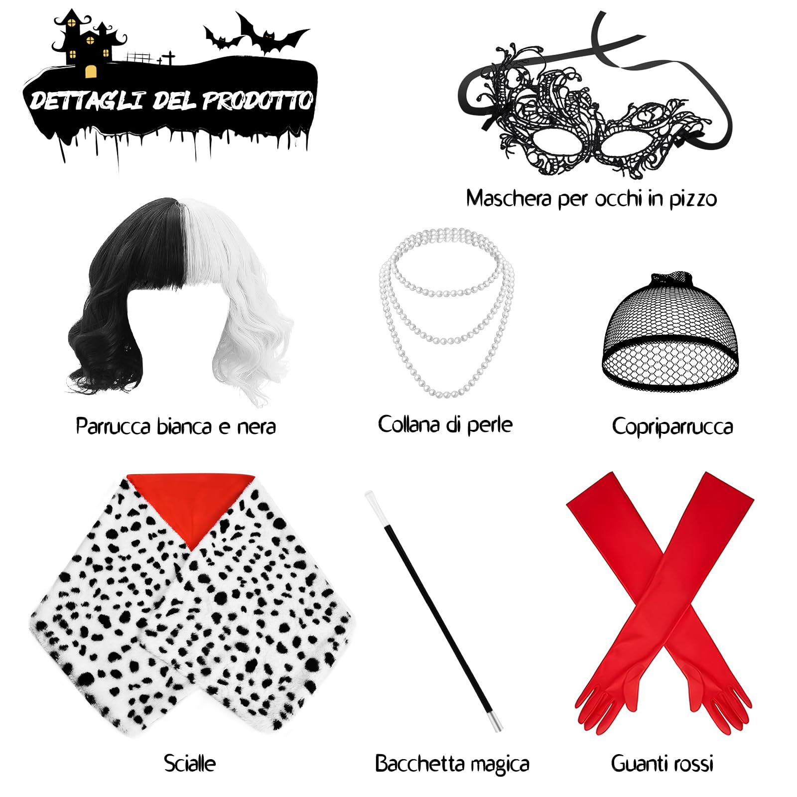 Aragallant Cruella Parrucca in Bianco e Nero, Costume Crudelia Demon Donna, Parrucca Crudelia Demon, Costume di Halloween Accessori con Guanti Rossi, Collana
