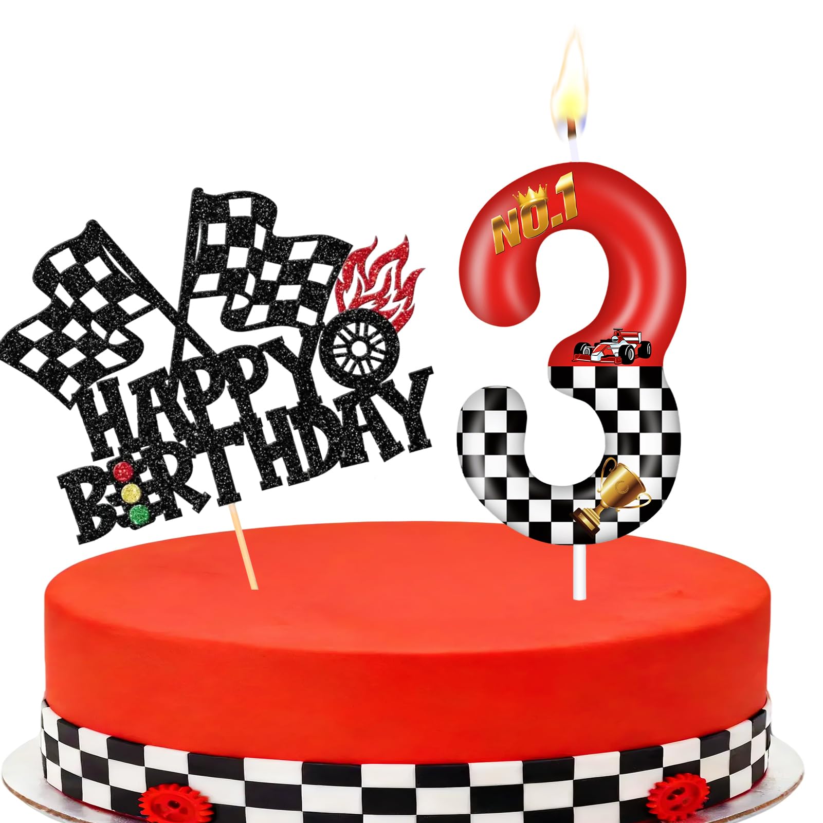 Racing Cars Themed Number Candles, Cake Candles with Greeting Card for Birthday Party Wedding Anniversary Celebrations(3 Candle,Racing Cars)
