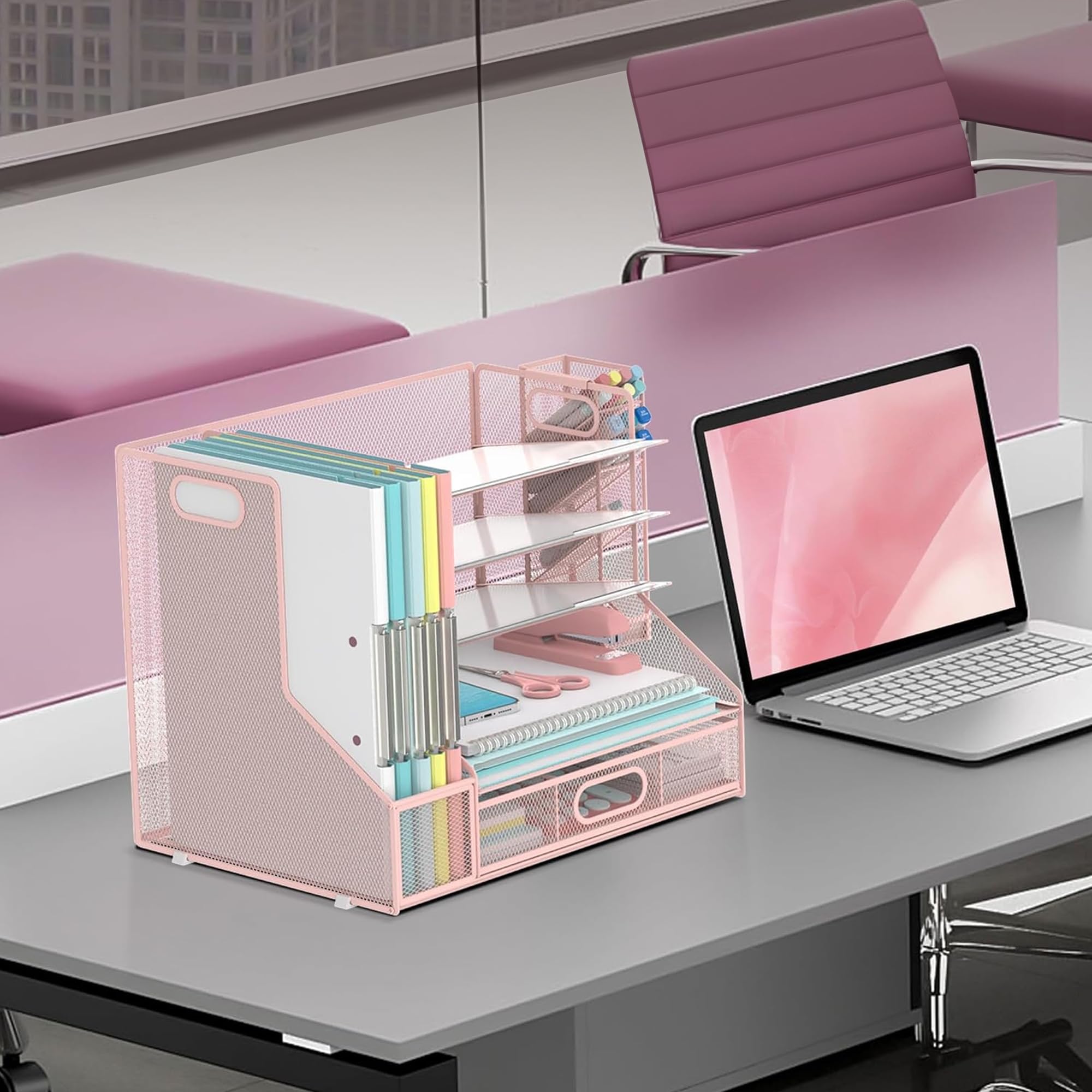 Schreibtisch Organizer mit Aktenhalter, 5-Tier Mesh Papier Brief Tray Organizer mit Stifthalter und Schublade für Bürobedarf, Rosa