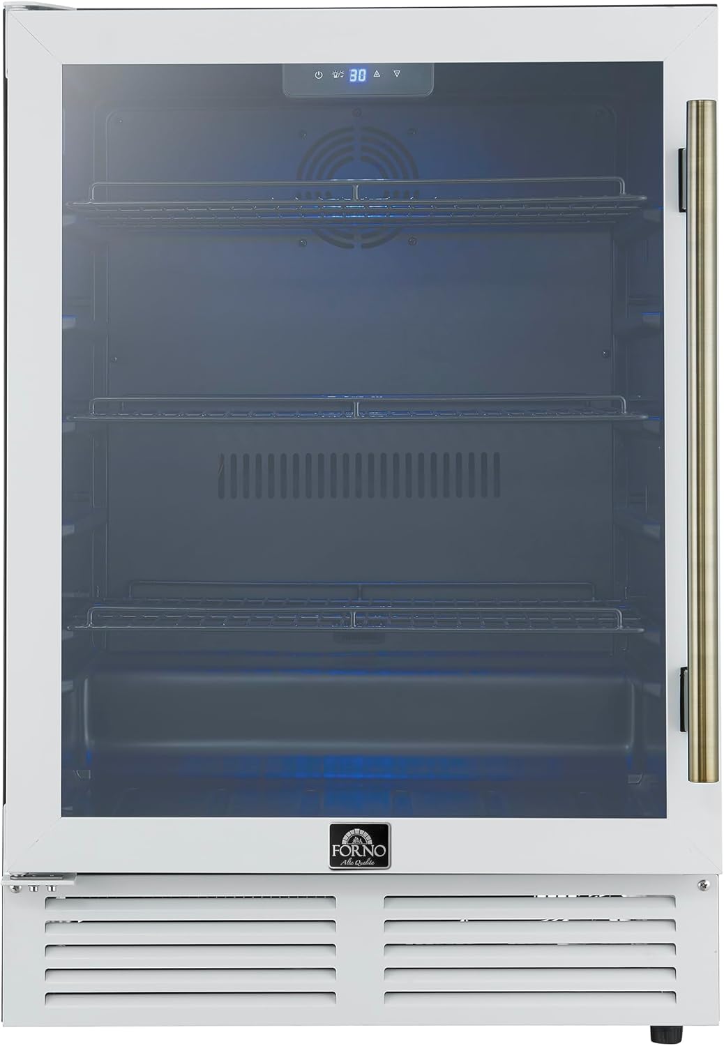 Forno Frescolino 24 Inch Beverage Cooler with Antique Brass Handles, 188 Can Capacity Refrigerator with Triple Glass Door and LED Lighting, Built-In or Freestanding - White