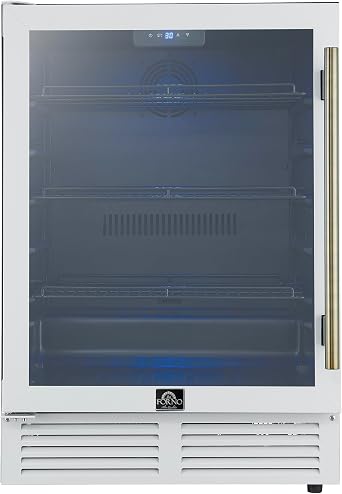Forno Frescolino 24 Inch Beverage Cooler with Antique Brass Handles, 188 Can Capacity Refrigerator with Triple Glass Door and LED Lighting, Built-In or Freestanding - White
