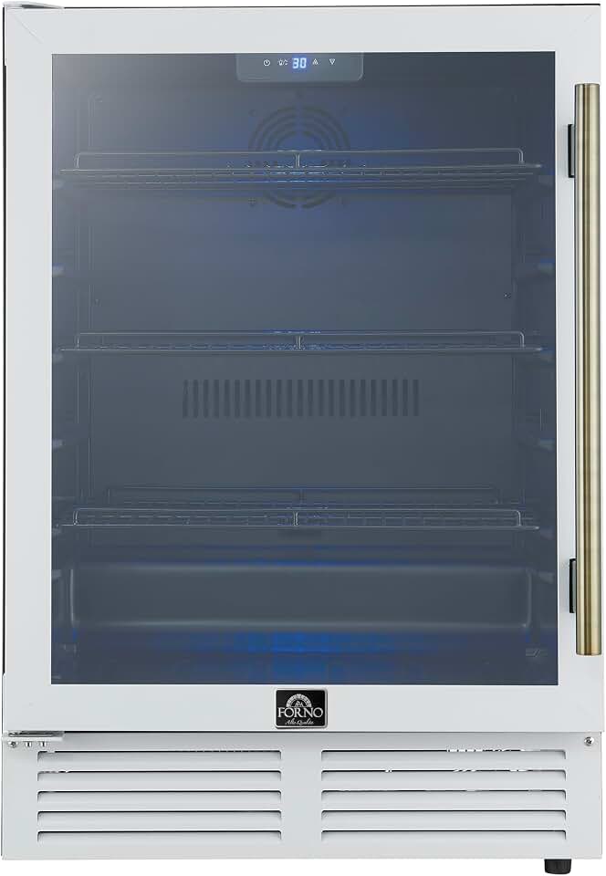 Forno Frescolino 24 Inch Beverage Cooler in White, Antique Brass Handles, Triple Glass Door, 188 Can