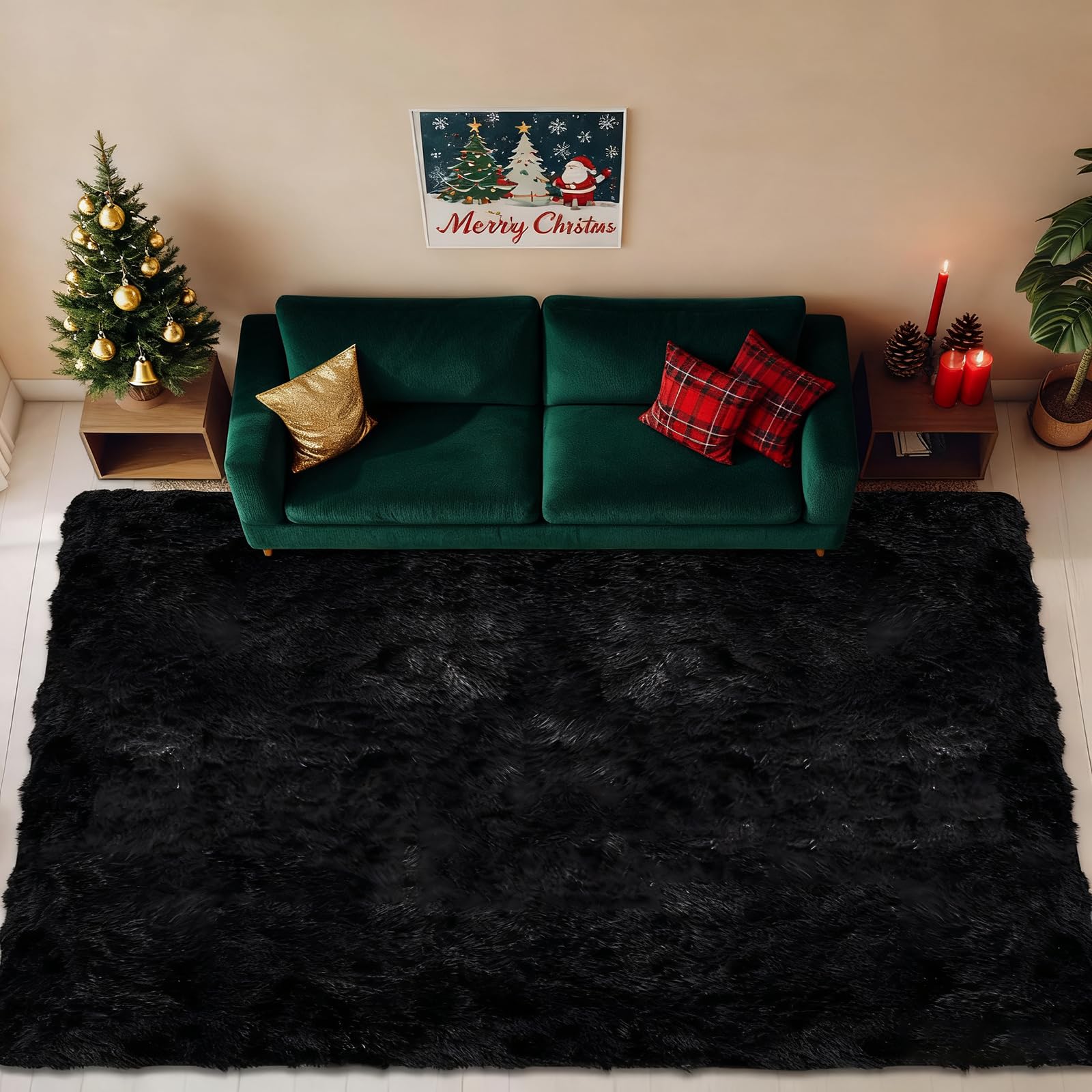 Grand Tapis de Salon Noir Pelucheux pour une Ambiance Cocooning