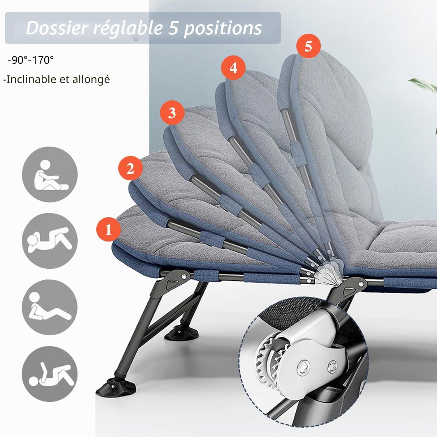 Chaise Longue de Jardin Pliante, Lit de Camping Pliable, Transat Jardin 6 Pattes, Chaises Longues 190x67x38cm pour Voyages, Extérieur, Plage (Gris)