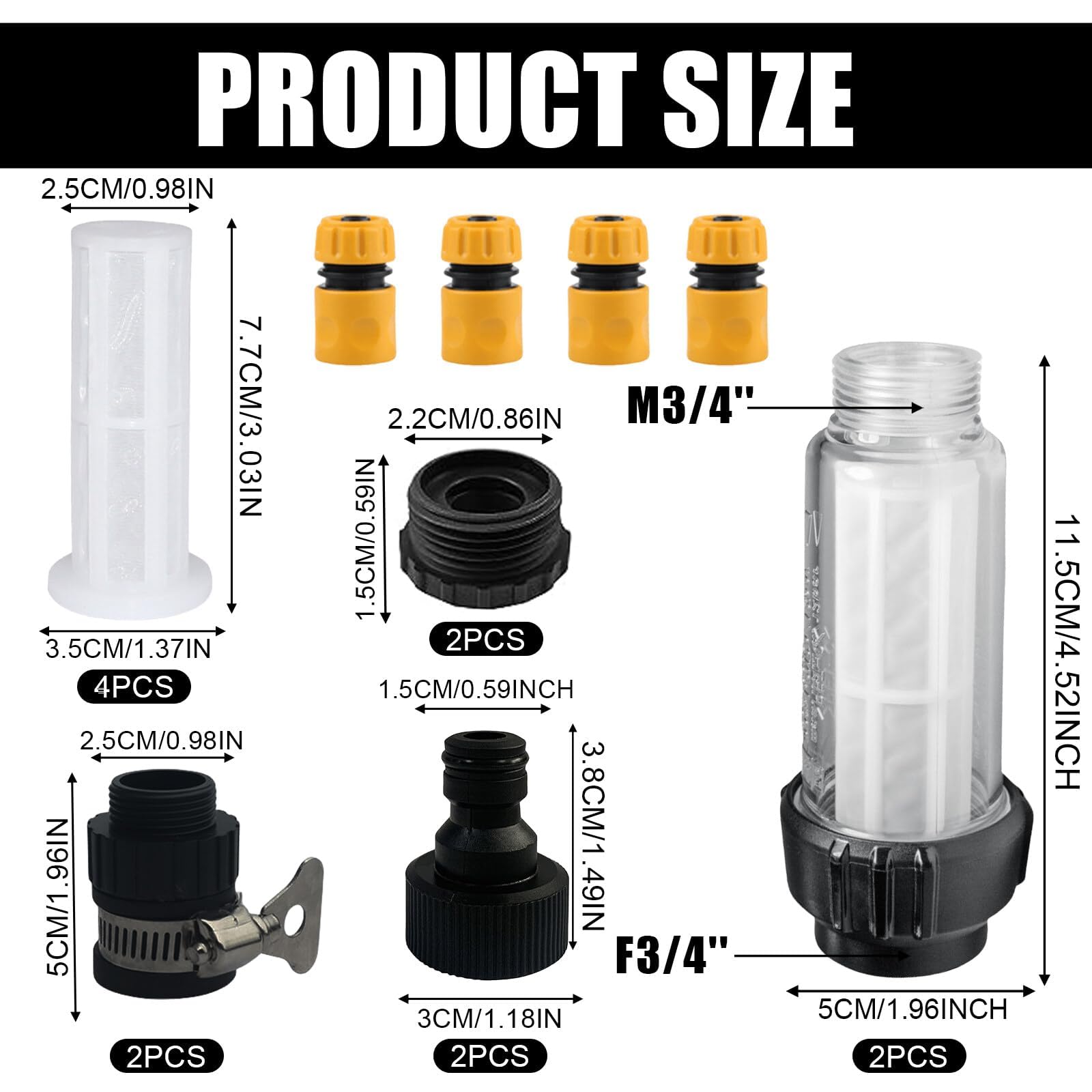 Set di 2 filtri dell'acqua, tubo da giardino, 3/4 pollici, prefiltro dell'acqua, set con 4 inserti per filtri e 4 adattatori rapidi per idropulitrici, pompa da giardino, irrigazione da giardino,