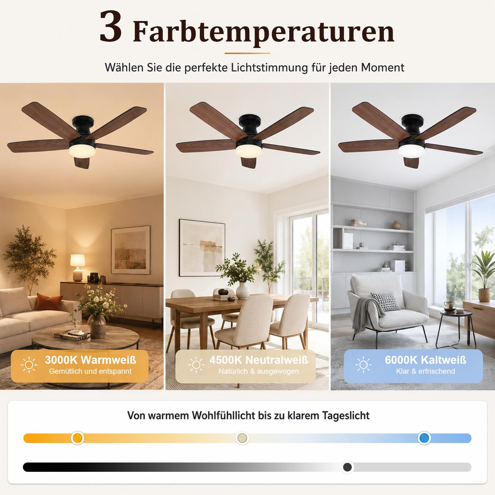 Smarter Deckenventilator mit Beleuchtung 106 cm, App & Fernbedienung, 3 Farbtemperaturen, 6 Stufen, Reversible Flügel, 30dB Leiser DC Motor DeckenleuchteDimmbare LED, für Schlafzimmer & Wohnzimmer