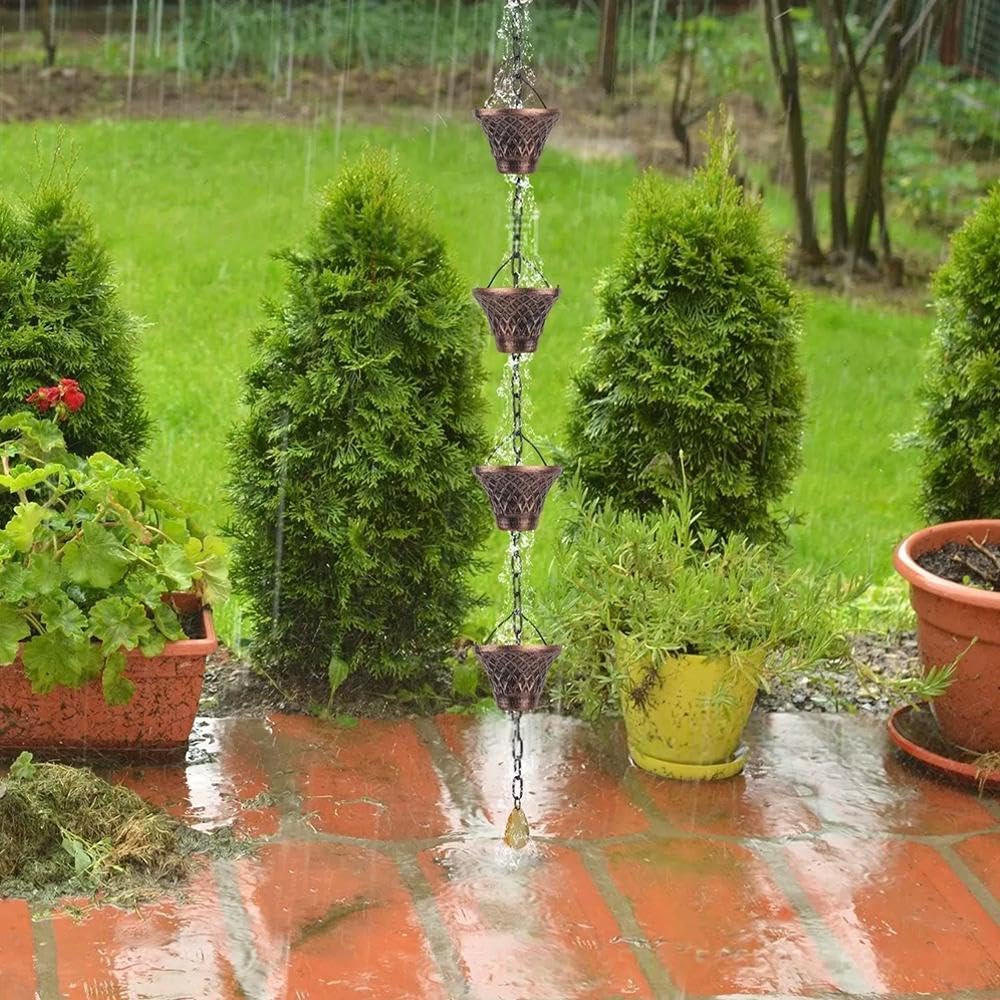 Catene da pioggia per esterni, catena per grondaia da 2,8 m, con 12 tazze a imbuto, catena di ricambio per grondaie, catena raccogli pioggia regolabile con campana per decorazioni da giardino