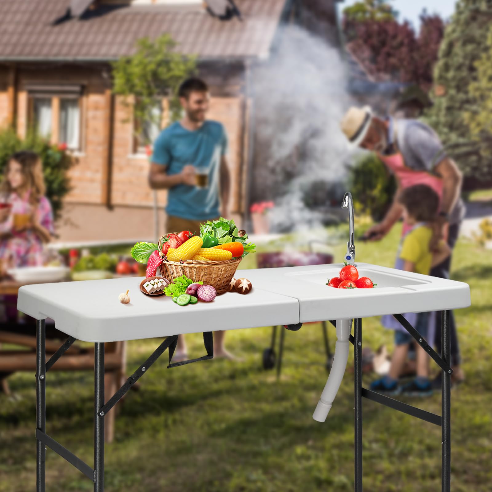 Bonnlo Klappbarer Fischreinigungstisch mit Spüle – Campingtisch Tragbar aus HDPE mit Wasserhahn, Ablaufschlauch, Filetiertisch für Picknicks, Camping, Grillen & Angeln, 114,5 x 58,5 x 94 cm, Weiß