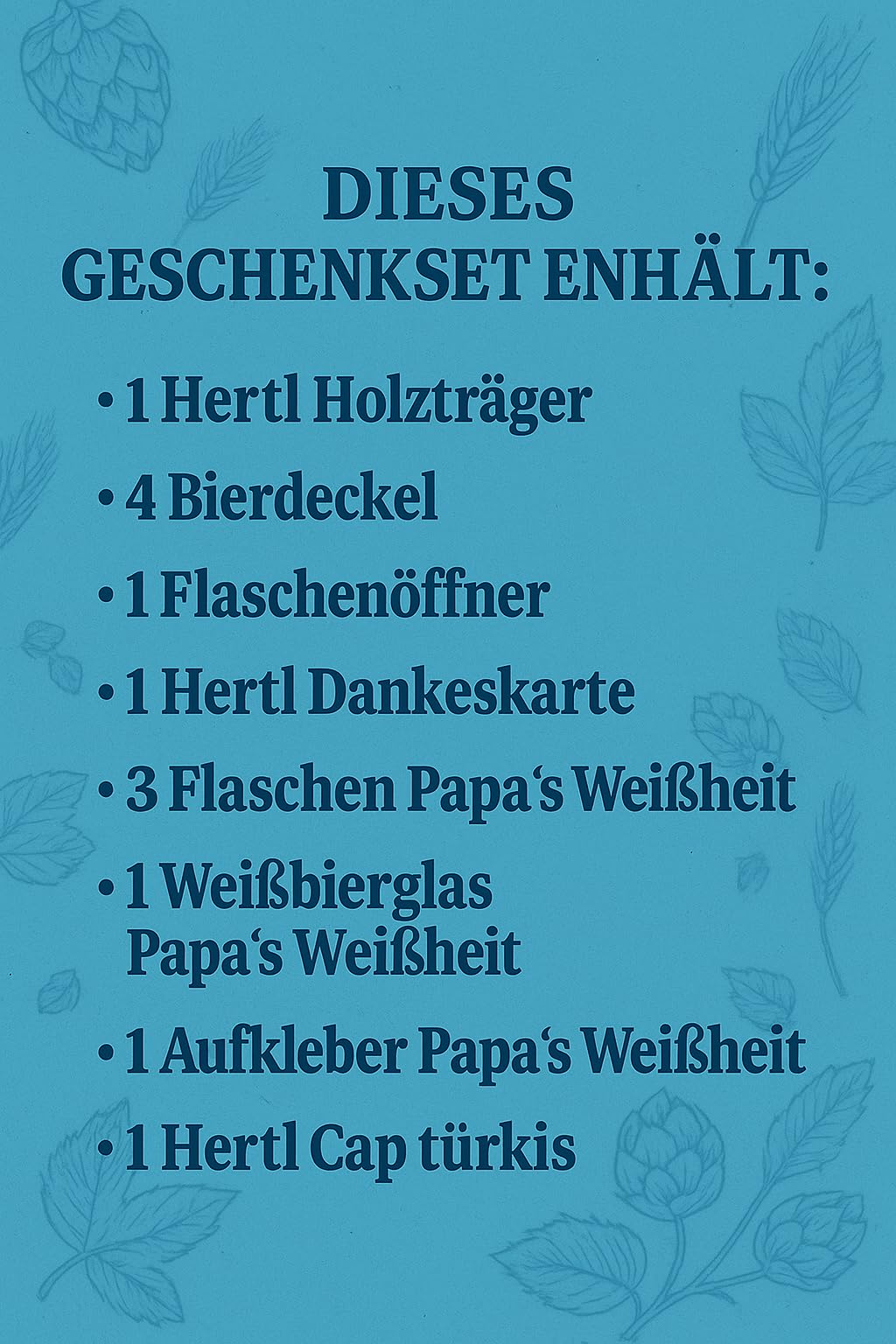 Hertl Holzträger Geschenkset Papa’s Weisheit | 3 Flaschen Weizenbier + Weißbierglas + Cap türkis + Zubehör | Braumanufaktur Hertl