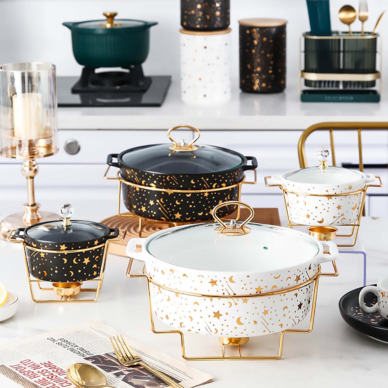 Set di scaldavivande in ceramica, con coperchio in vetro e supporto per carburante, vassoio rotondo per scaldavivande e scaldavivande per buffet, matrimoni, feste, banchetti, Chris,