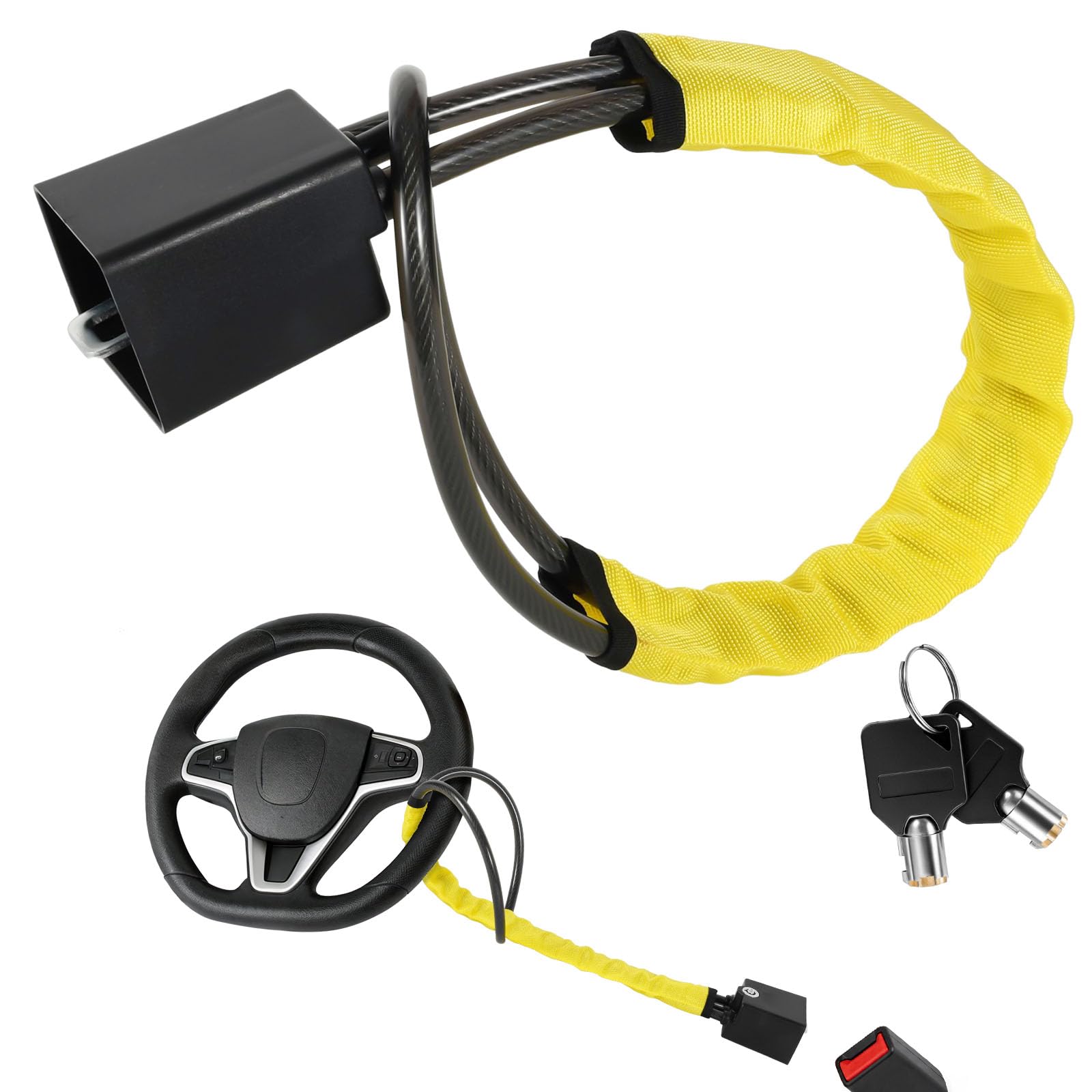 Steering Wheel Lock with 2 Keys, Car Steering Locks, Heavy Duty Seat Belt Lock, High Visibility Anti-Theft Device for Cars, SUVs, Vans
