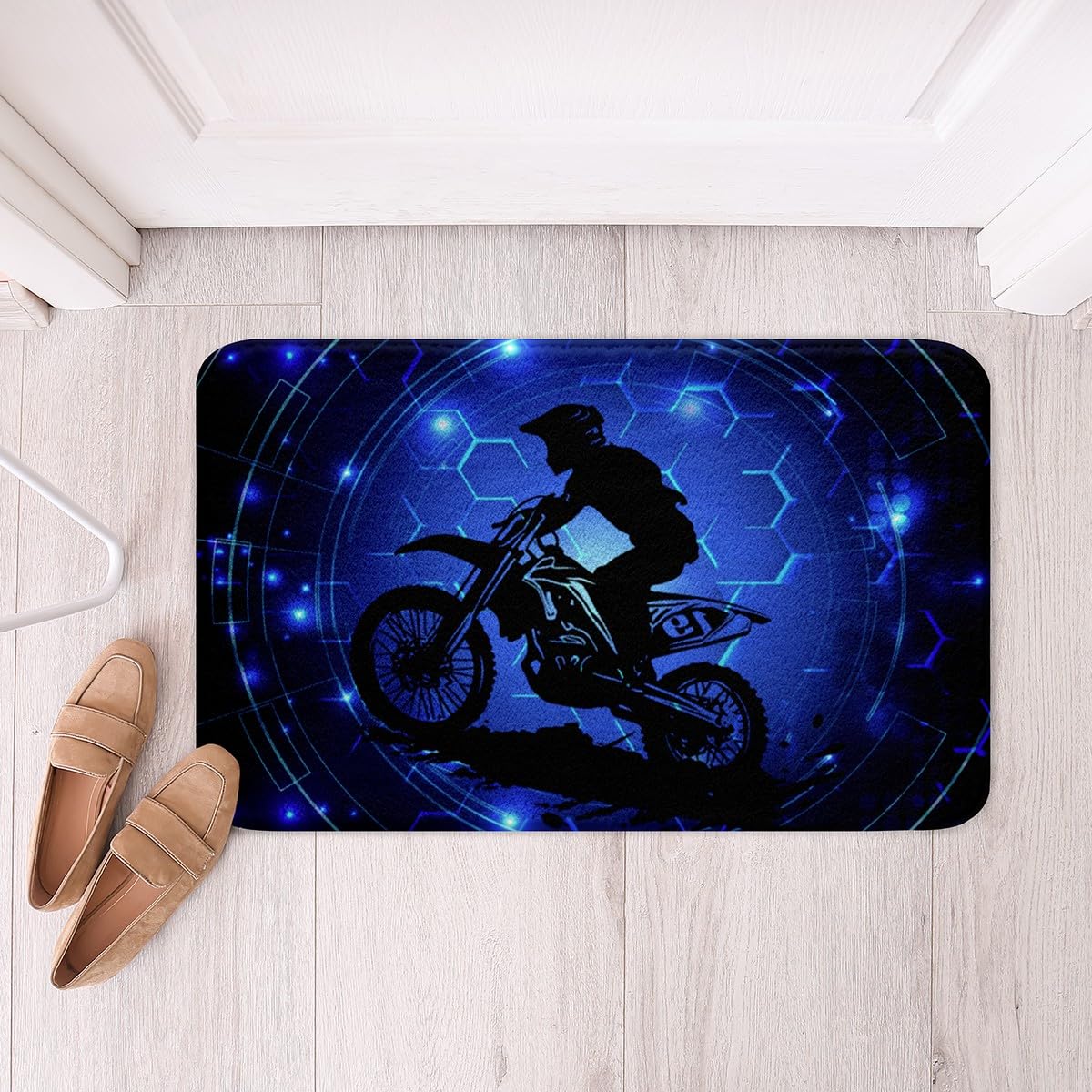 Motorcycle Bathroom Mat,Motocross Rider Print Dirt Bike Sports Bath Rug Soft Fluffy Fleece Microfiber,Honeycomb Blue Neon Entryway Door Mat for Floor