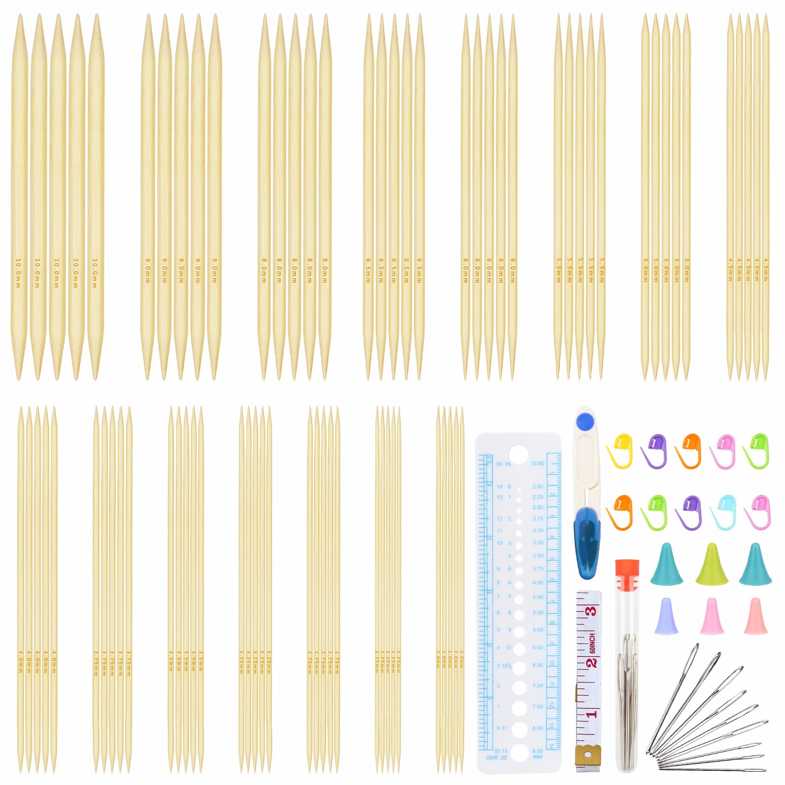 Coopay Lot De 35 Aiguilles à Tricoter En Bambou - Double Pointe - 20 Cm - Avec Accessoires - Légères Et Droites - Aiguilles Courtes De 2,0 à 5,0 Mm