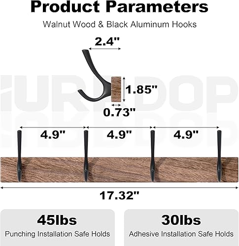 Miniatura 3 de Perchero de madera de nogal de 17 pulgadas con 4 ganchos dobles negros, ganchos de entrada montados con adhesivo, modernas clavijas de madera