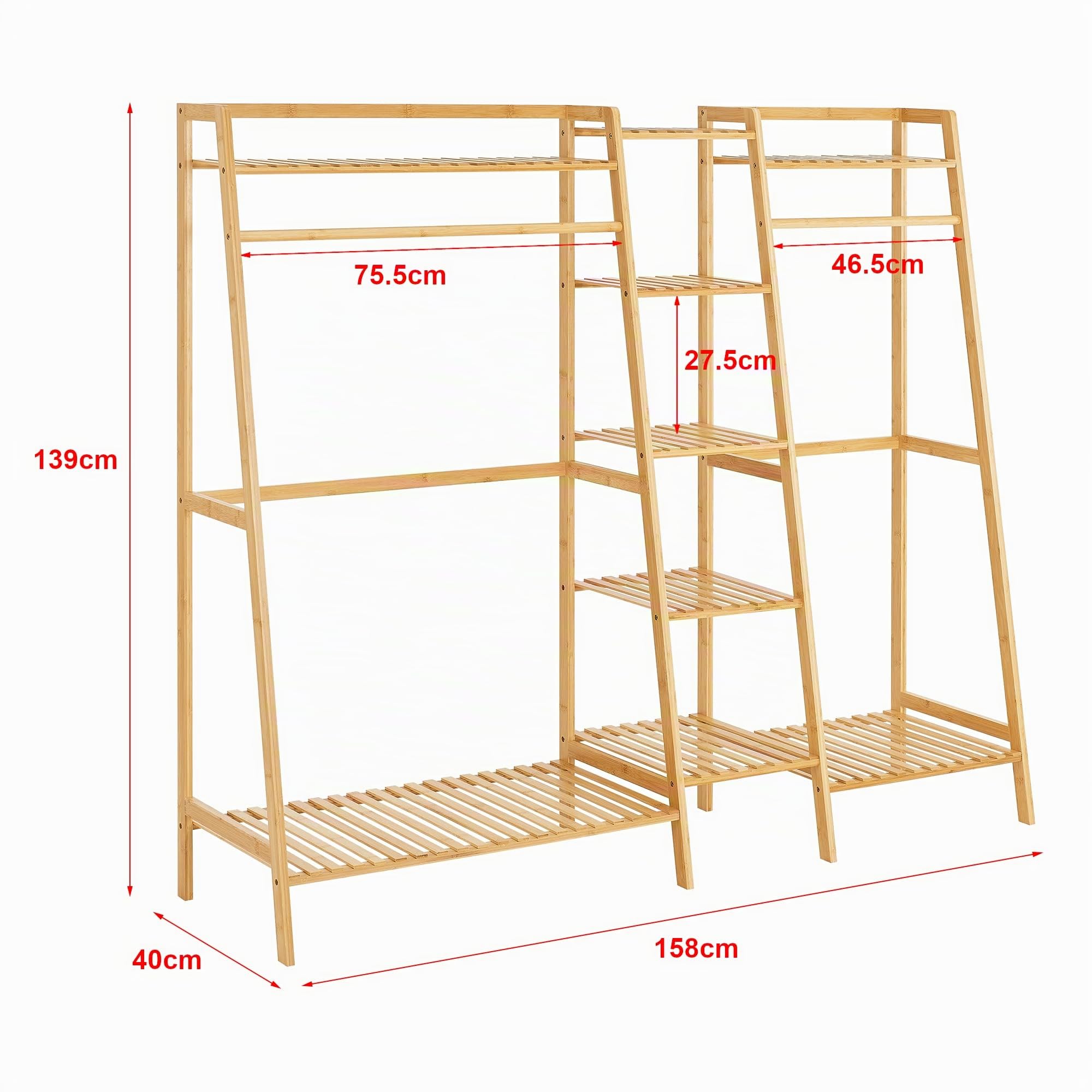 [en.casa] Stand Appendiabiti (AxLxP) 139 x 158 x 40 cm Organizzatore Guardaroba Scaffale Porta Abiti Scarpe Borse a 2 Barre e 9 Ripiani Armadio Aperto in Bambù - Naturale