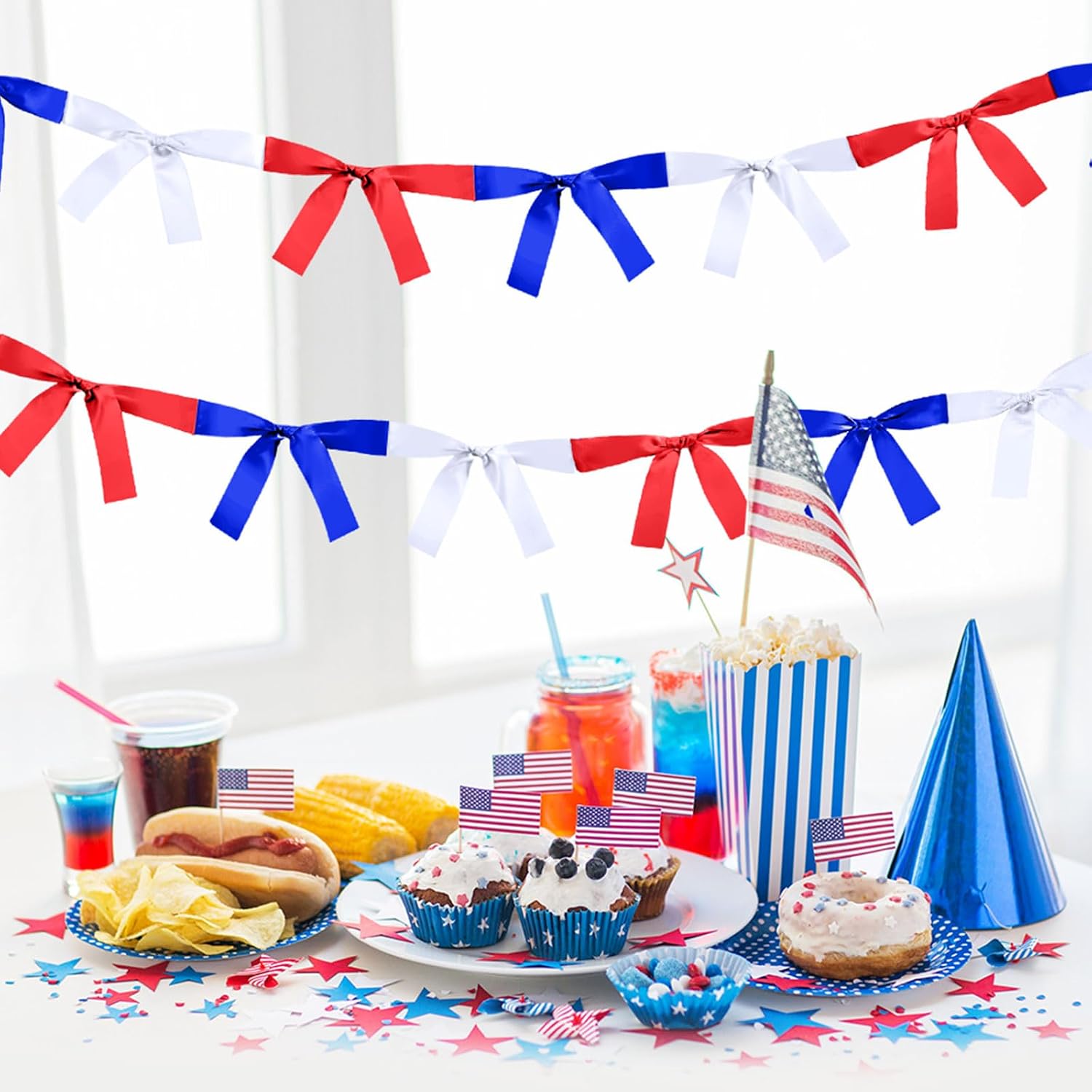 2 Pcs 250th Anniversary Bow Banner Decoration 16.4 ft 4th of July Ribbon Banner Memorial Day Patriotic Decor for Indoor Outdoor Veteran Independence Day Party Supplies
