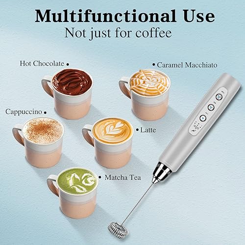 Miniatura 7 de Espumador de leche de mano para café, batidor eléctrico de 3 velocidades ajustables, mezclador de bebidas con 3 batidores de acero inoxidable,