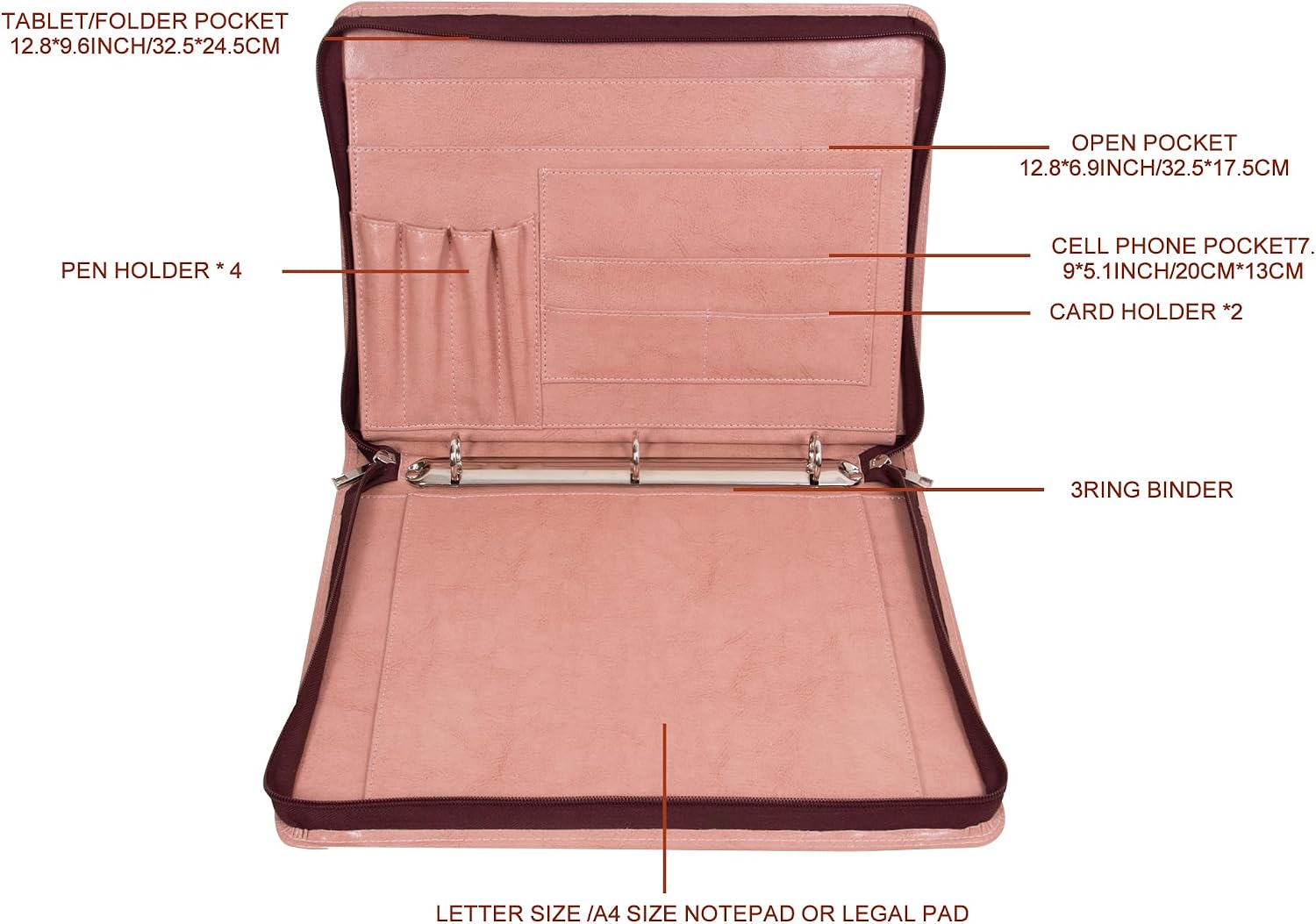 Free Engraved Name, Customized Pink Binder Portfolio, 3 Ring Binder Padfolio, Business Organizer Folio with Zipper, A4 Letter Sized Clipboard Portfolio, Gift for for Women/Girls, Pink