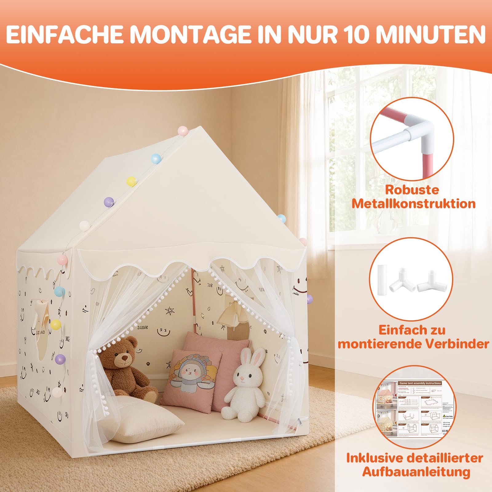 FUNYKICH Kinder Spielzelt, Kinderzelt Robust Innen & Außen 120x100x130cm | Metallstangen, inkl. Lichter, tragbar, Waschbares, Belüftung, werkzeugloser Aufbau, multifunktionales Spielhaus, für 2–3 Kids
