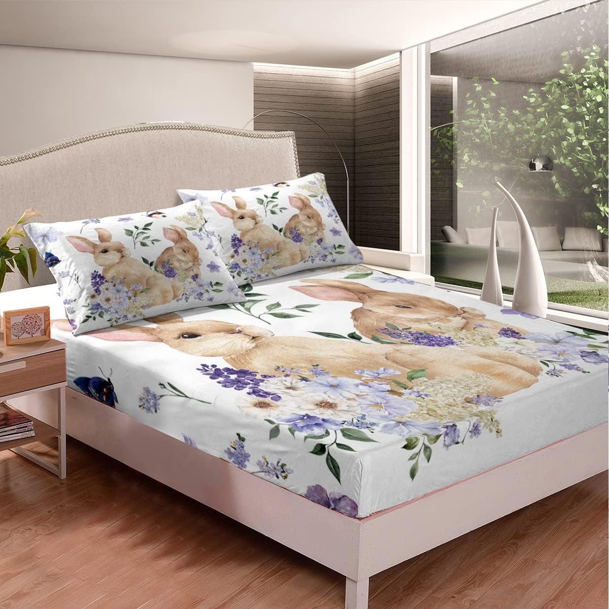 Erosebridal Cute Rabbit Kids Fitted Sheet Cartoon Bunny Rabbit Bedding Easter Decor Fitted Bed Sheets Spring Garden Style Fitted Sheets for Boys Girls Full Size with 2 Pillowcases