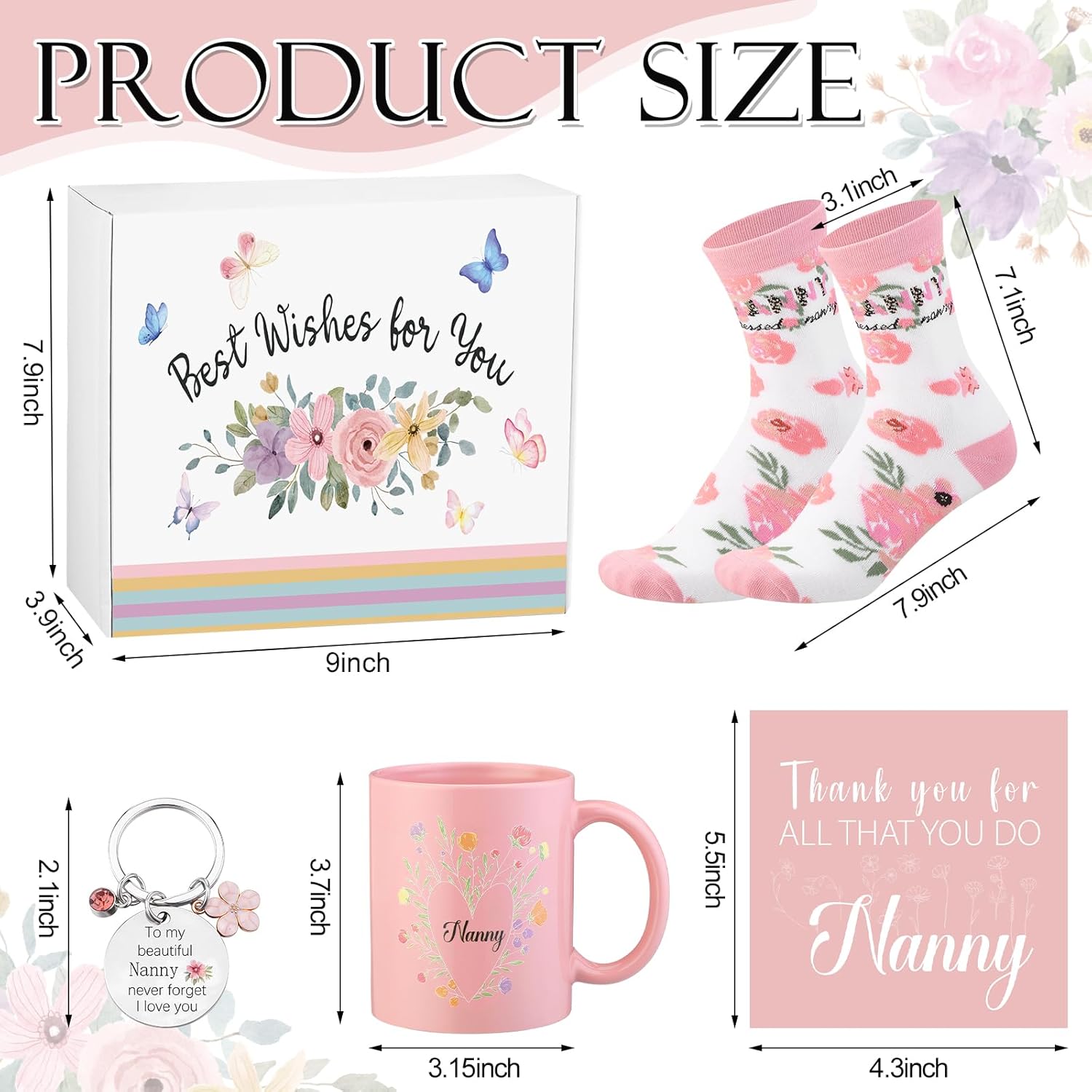 8 Pcs Nanny Gifts with Nanny Mug Blanket Handbag Cosmetic Bag Socks Keychain Greeting Card and Box Thank You for Being My Nannies Gifts for Women Grandma Mother's Day Birthdays