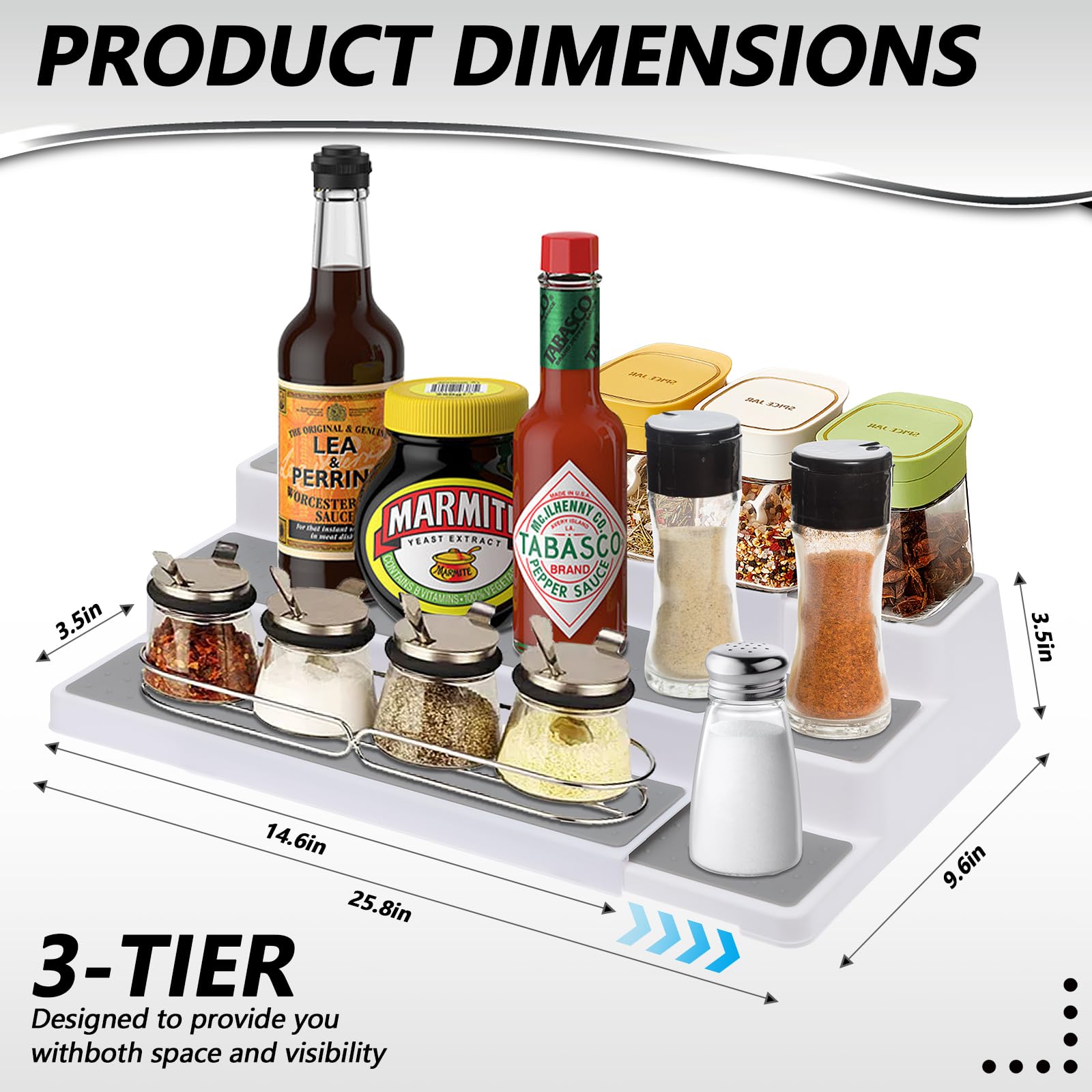 wutfuooo 2 Pack 3 Tier Expandable Spice Rack Organizer, White/Grey Plastic Spice Rack, Adjustable Length 14.6-25.8In, Non-Skid Tiered Spice Shelf Organizer for Kitchen Cabinet, Cupboard, Pantry