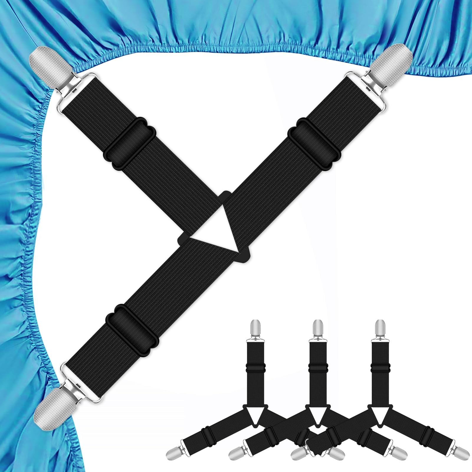Quelcc Pack of 4 Bed Sheet Tensioners, Triangular Bed Sheet Tensioners with Metal Clips, Adjustable Bed Sheet Tensioners, Bed Sheet Tie Down Straps for Wrinkle-Free Bed Sheets, Mattress, Ironing Board