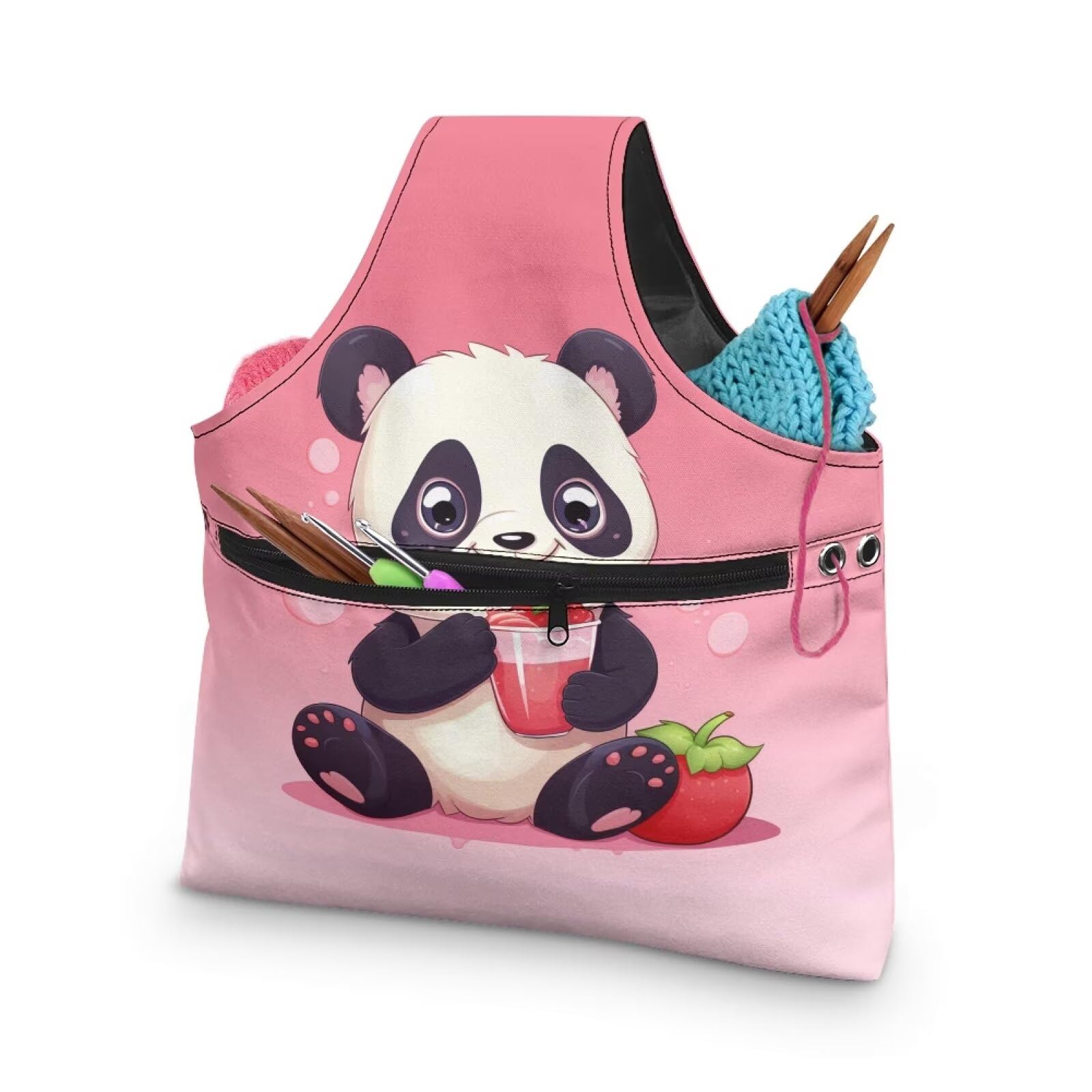 ZUXONGSY Panda Yarn Bags for Crocheting on the Go Strawberry Crochet Hook Organizer Knitting Bags NAD Totes,Holding Yarn Crochet Hook Needles,Large