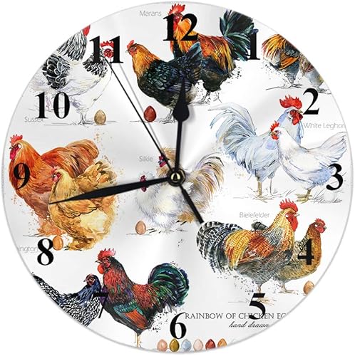 HGOD DESIGNS - Reloj de pared redondo con diseño de raza de pollo, diseño de acuarela y gallina, diseño de gallina, redondo, para casa, jardín,