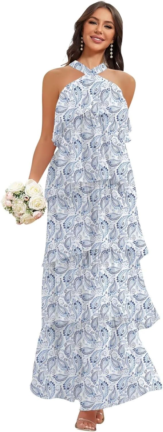 Chiffon Halter Tiered Bridesmaid Dresses Long Aline Formal Evening Party Gowns