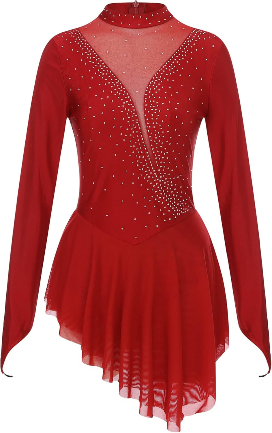 Aislor Figure Skating Dress for Women Long Sleeve Rhinestone Gymnastics Leotard Dress Skating Costumes