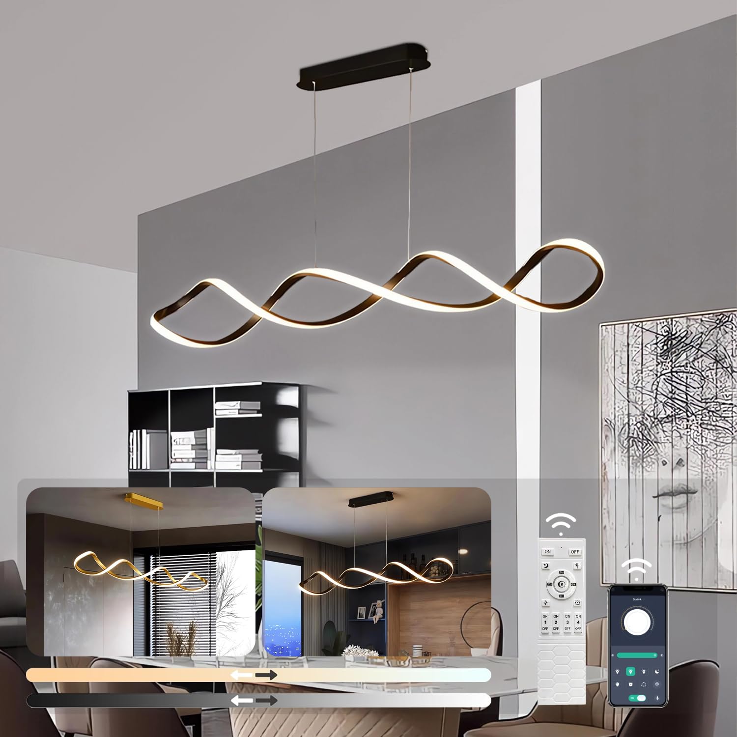 Kreative spiralförmige LED Pendelleuchte Decke Esstisch Kücheninsel Hängeleuchte Esszimmerlampe dimmbar mit Fernbedienung moderner Kronleuchter für Büro Küche Arbeitszimmer (Schwarzes, L80cm)