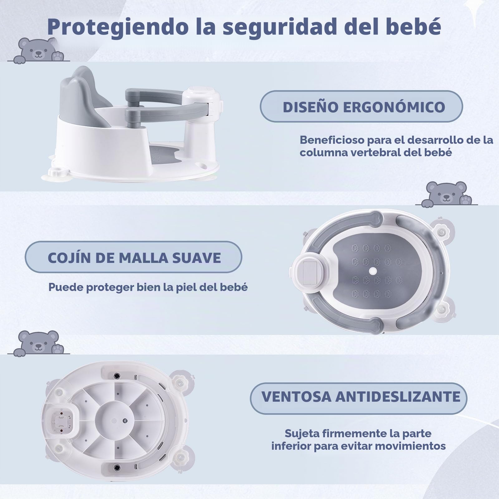 Asiento de Baño para Bebé 6-24 Meses, Asiento Ducha Bebe, Silla Baño Bebe con 4 Fuertes Ventosas, diseño ergonómico para un baño cómodo