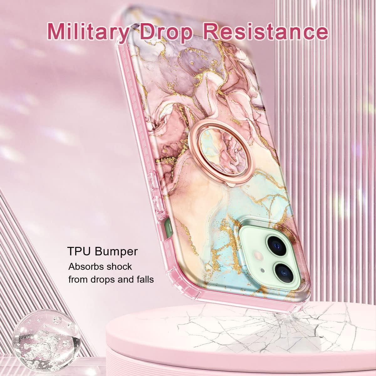 Btscase for iPhone 12/iPhone 12 Pro Case 6.1 Inch,Built-in Screen Protector with 360° Ring Holder Kickstand, Full Body Dual Layer Rugged Shockproof Protective Case for iPhone 12/12 Pro,Rose Gold - Image 4