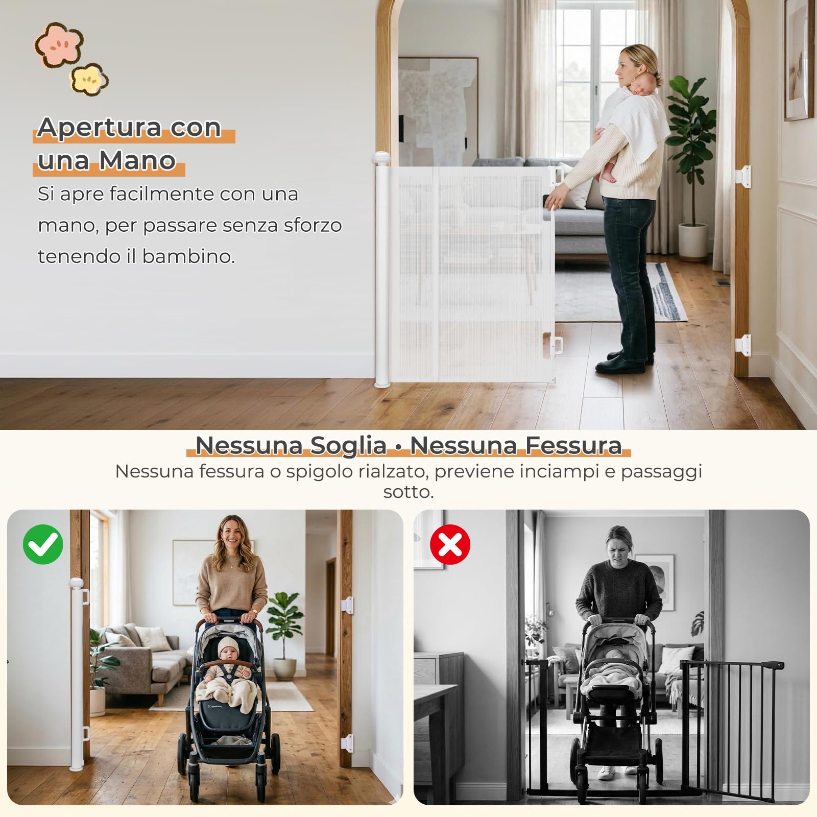 Ycozy Cancelletto per Bambini Scale Senza Foratura 0-200cm Cancelletto per Cani con Barra di Supporto，Retrattile Cancello Bambini Adatto per Scale Interni Esterni