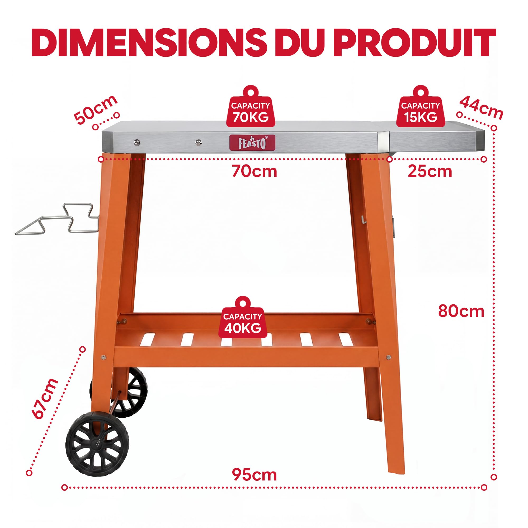 Feasto 2-Étagère Desserte de Jardin avec Table d’Appoint Pliable, Orange | Chariot de Barbecue avec Plateau en Acier Inox, Idéal pour BBQ dans le Jardin et la Terrasse, 95 x 67 x 80 cm